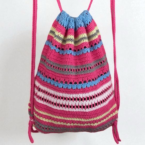 Handmade Handbags - Handmade Boho Unique Crochet Colorful Striped Cinch Sak‎ Backpack Handbag